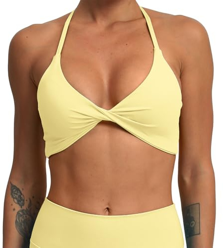 ABOCIW Sport-BHS für Damen, gedreht, überkreuzter Rücken, gepolstert, Workout-Tank-Tops, geringer Aufprall, Fitnessstudio, Yoga-BH, Nr. 1 Zitronengelb, Medium