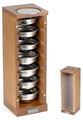 NEOUZA 51mm Espresso Filter Basket Stand Compatible with Portafilter Filter Basket and Puck Screen - Holds Up to 7 Filter Baskets, Removable Magnetic Door, Beech Wood (51mm)