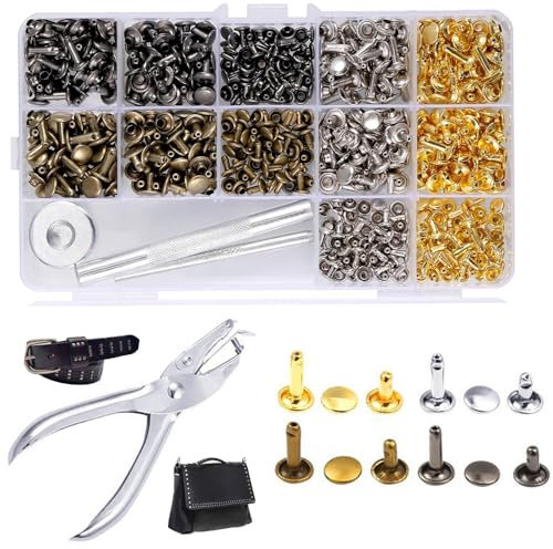 Leder Nieten Set,180 Set Metallniete Doppelkappe mit Nietenzange Lochzange Hohlnieten 12mm 8mm 6mm Nieten für Leder Nieten für Kleidung,mit 3 Werkzeug, für DIY Handwerk Reperatur Dekoration,4 Farben