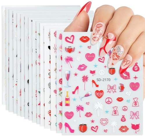 Nicedeco Alla Hjärtans Dag Nagelklistermärken - 15 Ark Självhäftande 3D Kärlek Nagelkonst Dekaler - 003