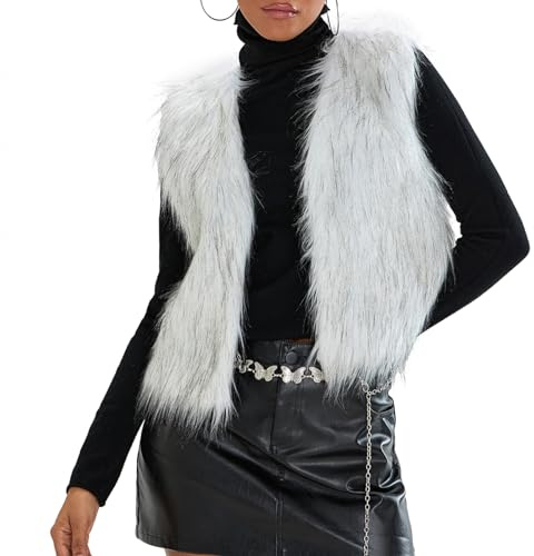 SANSIWU Damen Flauschige Kunstfell Ärmellose Weste Mantel Y2K Offene Vorderseite Einfarbige Oberbekleidung Gilet Plüsch Weste Kurze Weste Jacke Mantel, hellgrau, L