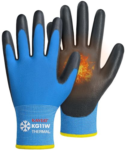 KAYGO Thermo Arbeitshandschuhe PU beschichtet 12 Paar, KG11WL | antirutsch Grip, Gefütterte Schutzhandschuhe für Winter Arbeit Kühlhaus Lager Bau bei kaltem Wetter (Blau, L, Gr 9)