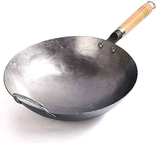 MYUYEE Wok de Fondo Redondo de Acero al Carbono Wok de Acero al Carbono Martillado a Mano con Soporte de Madera y Mango Auxiliar de Acero 3 tamaños a Elegir: 34 cm,32 centímetros