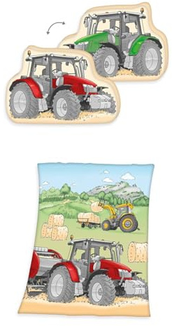 Herding Traktor-Set, Konturenkissen und Fleecedecke, Kissen ca. 36 x 24 x 5 cm, Decke ca. 130x160 cm, Polyester/Fleece, 2-teilig