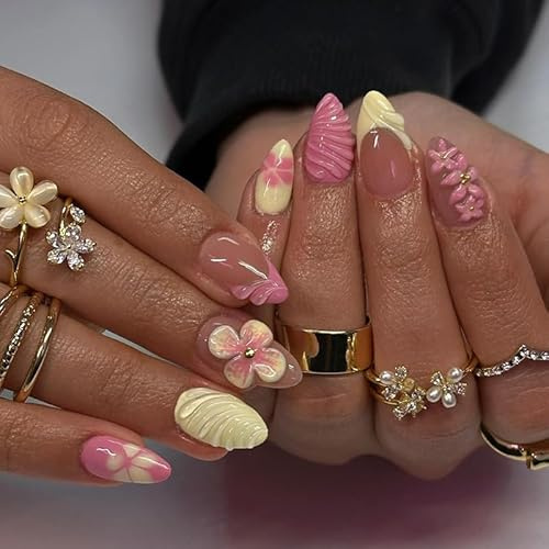 MouyouGlow Press on Nails Kurz,Almond Rosa French 3D Blumen Floral Water Rib Design Mandel Y2k Fake Nails,Gelb Tips Flowers Sommer INS Sweet Künstliche Fingernägel