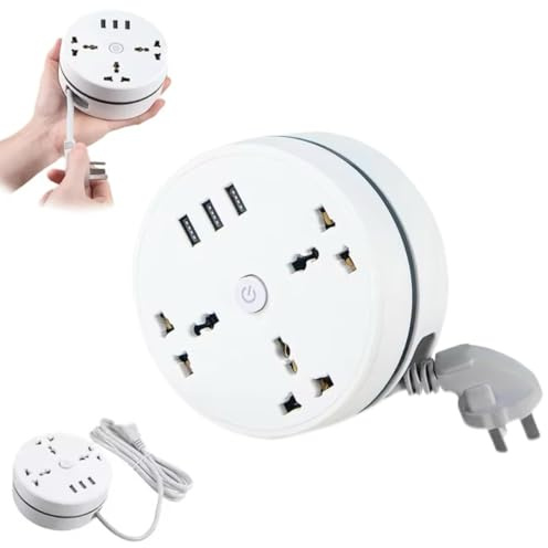 Multipresa universale, prolunga avvolgibile a destra, con 3 prese e 3 porte USB, multipresa retrattile, per ufficio, viaggi, hotel, dormitorio (5.9ft)