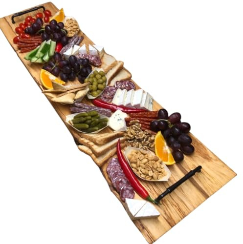 Weeco.Rustikales Holz-Servierbrett mit Griffen, 95 x 24 cm, Käsebrett für Antipasti und Snacks, Handgefertigt