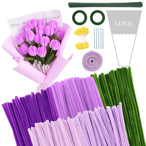 Juego de 300 limpiadores de pipas de flores, para manualidades, 5 colores, con palitos de flores verdes, rollos de cinta adhesiva, barra de pegamento, estambres, envoltura de ramos, cintas (morado)