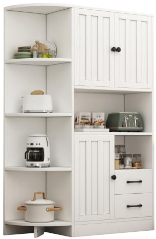 HAINEW Högskåp köksskåp med 3 dörrar och 2 lådor, sideboard vitrinskåp, förvaringsskåp, bufféskåp, matrumsskåp med 6 öppna förvaringsfack för vardagsrum kök, vitt