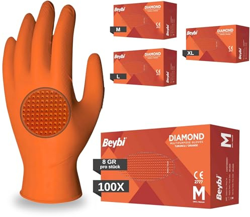 BEYBİ®️ Einweghandschuhe Diamant Grip, 100 St/Box, Schwarz,Orange, Einmalhandschuhe Extra Stark, Nitrilhandschuhe Gr. XL 3x Dicker, Handschuhe Einweg, M,L,XL (Orange, L)