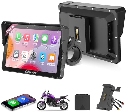 CARPURIDE W702RS Pro Motorrad Carplay Bildschirm mit Radar BSD und BM05 Halterung, Wireless CarPlay & Android Auto, 7 Zoll wasserdichter Touchscreen, Gegensprechfunktion, Dual Bluetooth