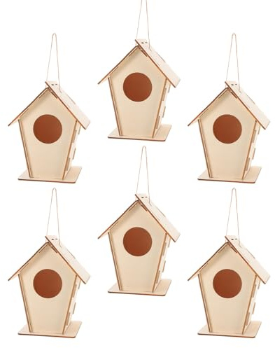 CIYODO Kit Casette per Uccelli in Legno da Costruire e Verniciare per 6 Pezzi con Spago per Appendere Casette Artigianali Non Finite per Attività Creative e Giochi All’Aperto