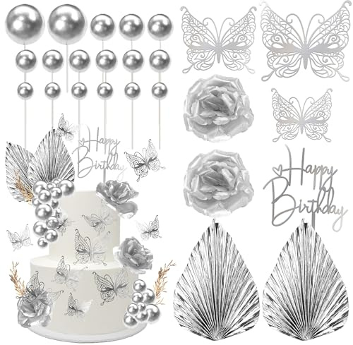 47 Pack Balls Cake Decorations Happy Birthday Flower Butterfly Palm Leaves Cake Toppers Mini Balloon Balls Leaves DIY Cake Decorations for Wedding Anniversary Party Supplies