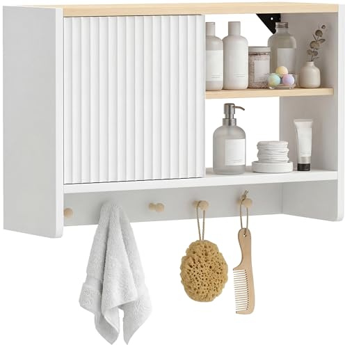 HOMCOM Armario de pared de baño, mueble de almacenamiento suspendido para cuarto de baño con puerta, estantes abiertos y 5 ganchos, mueble de WC colgante, 60 x 20 x 40 cm, blanco y roble