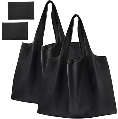 Skynelle Reusable Shopping Bag Foldable 2 Pack Fold Away Shopper Bags Large Black Tote Bags Lightweight for Groceries Grocery Shopping and Daily Use Compact Portable Carry Bags Reusable Tote Bags