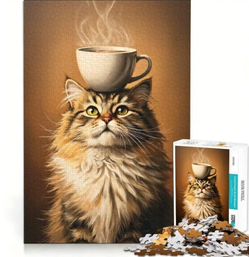 Puzzle de 1000 pièces pour Adultes, Chat avec Tasse de café, Jouet Anti-Stress, défi Stimulant, idéal comme Cadeau pour Toute la Famille 38x26cm