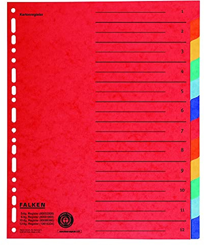 Falken 20x intercalaires en carton extra-larges pour A4+ 24,5 x 30 cm avec impression organisationnelle, 12 pièces, entièrement colorés, 2 x 6 couleurs, pour le rangement de pochettes pour prospectus