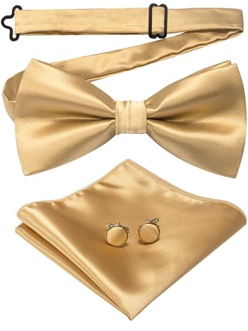JEMYGINS Mens Gold Pre-tied Bow Tie and Pocket Square Cufflink Set (9)