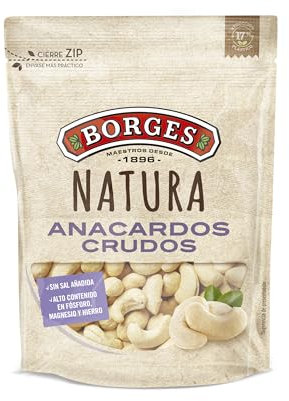 Borges - Anacardos Crudos Repelados Natura Borges - Vitaminas C y B - Ricos en Calcio, Hierro, Fibra y Ácidos Grasos que ayudan prevenir el Colesterol - Frutos Secos Sin Gluten - Paquete de 120g.