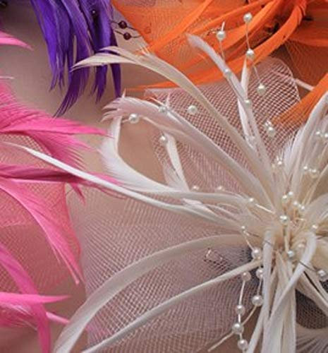 4412 Fascinator / Fascinator mit Federn, Netz, auf Haarspange und Brosche, Pink / Gelb / Orange / Violett / Creme / Türkis (cremefarben)