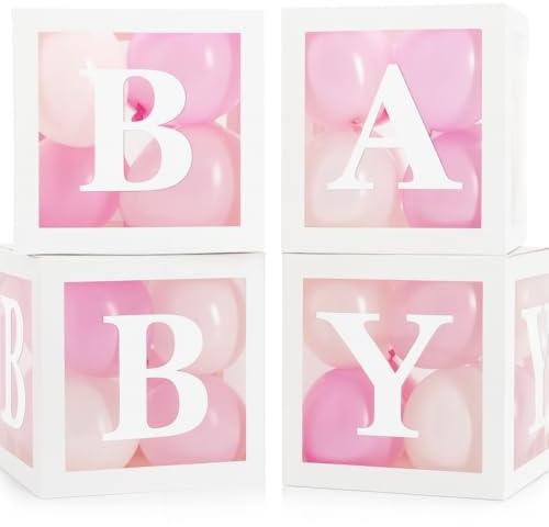 44-Piece Baby Shower Decorations for Boy or Girl - 4 Boxes with Letters and 32 Balloons - Classic White and Pink - Gender Reveal Party Supplies - Photo Shoot Backdrop Prop