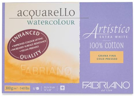 Fabriano Artistico Acquarello Watercolour, extra weiß, Feinkorn cold pressed, 35,5 x 51 cm, 15 Blatt 300 g/m², hochwertiger Künstler-Aquarellkarton, Block 4-seitig geleimt, vegan