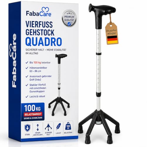 FabaCare Vierfuß Gehstock Quadro mit anatomisch geformten Griff, Vierfußgehstütze, Vierfußgehhilfe, Gehhilfe, Gehrahmen bis 100 kg