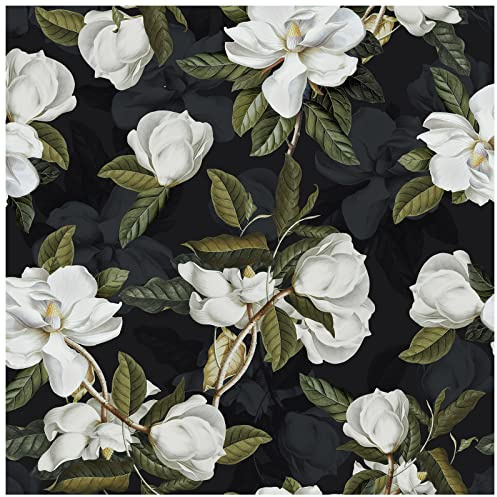 HAOKHOME Peel and Stick Floral Wallpaper Magnolia Wall Paper Removable Black/White/Green Vinyl Self Adhesive Contact Paper for Bathroom Kitchen 17.7in x 9.8ft