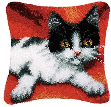 VIONNPPT Katze Knüpfkissen Formteppich Latch Hook Kit DIY Knüpfkissen Kreuzstich,Stickerei Knüpfpackung Knüpfset Haken Kit für Kinder Erwachsene,Anfänger, 40cmx40cm