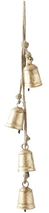 Deco 79 Metal Tibetan Inspired Cascading Decorative Cow Bells with 4 Bells on Jute Hanging Rope, 3 x 3 x 27, Gold