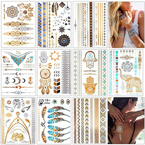 Tätowierung Wasserdicht Metallic Temporäre Tattoo 10 sheets in Gold Silber Aufkleber Körper Gefälschte Schmuck Tattoos Über 200 Designs，Festival Tattoos für Arme Brust Rücken Beine