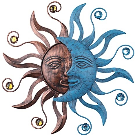 MUMTOP - Decorazione da parete in metallo con sole e luna, 34 cm, decorazione da parete per esterni, decorazione da appendere per giardino, cortile, soggiorno, camera da letto, patio, balcone