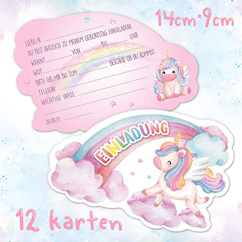 GEBETTER 12 Einhorn Regenbogen Einladungskarten zum Kindergeburtstag 14 x 9 cm Geburtstag Party Einladung Einschulung für Mädchen und Jungen Geburtstagseinladungen Kinder Geburtstagsfeier Kinderparty