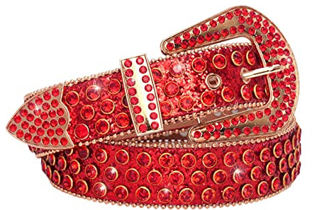 WRJAHCG Diamant Persönlichkeit Gürtel,Strass Nietengürtel für Frauen, Western Ledergürtel für Cowgirl Cowboy Vintage Gürtel für Hosen Kleid,Rot,110CM/43.3''