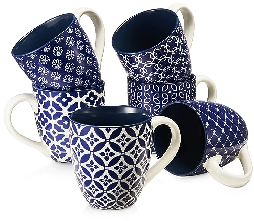 DOWAN Coffee Mugs Set of 6-19oz/560ml Ceramic Mugs Set - Large Tea Coffee and Hot Chocolate Cups - Oriental Classic Pattern Mugs - Great Gift for Lovers - Blue and White