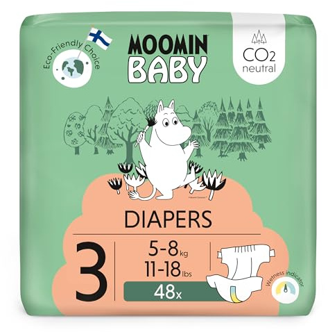 Moomin Baby Eco Newborn blöjor storlek 3, 5–8 kg, 48 premiumblöjor med fuktindikator | mjuka och hudvänliga, utan onödiga kemikalier |