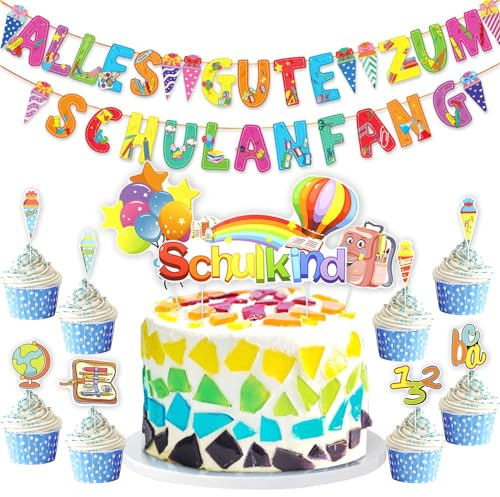 Tortendeko Schulanfang mit Alles Gute Einschulung Banner | Cake Topper für Jungen Mädchen Schulanfang Party Dekorationen Kuchen