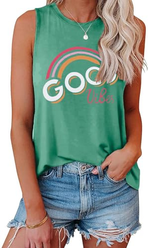 Cuptacc Tanktopp damer 2024 sommar rund hals tryck ärmlös blus damer lös, Goodvibes grön, XL