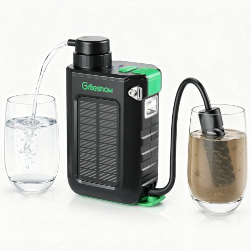 Greeshow Portable Electric Water Filter for Camping & Survival - 0.01 Micron Water Purification System with Solar, Hand Crank, USB-C Charge - Power Bank & LED Light for Backpacking Gear, Emergency Kit