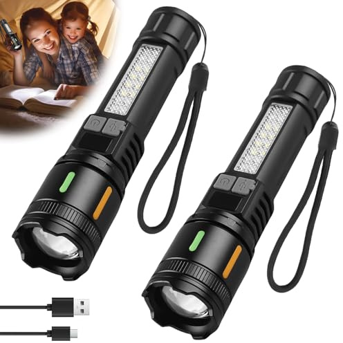 2 Stück LED Taschenlampe Aufladbar, Extrem Hell Taschenlampe mit Weißer Laserdocht, 5 Lichtmodi Zoombare Mini Flashlight mit Batterie, Wasserdicht Taktische Handlampe für Camping Outdoor Wandern