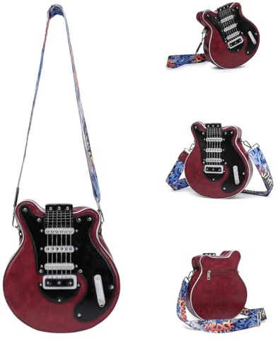 Borsa a tracolla a forma di chitarra Borsa per chitarra Novità Borsa a forma di chitarra rossa vino Borsa a tracolla di grande volume con cerniera Borsa casual alla moda a forma di chitarra per gite,
