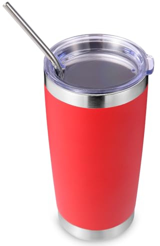 Volhoply 20oz 550ml Travel Insulated Tumbler with Lid and Straw, Double Wall Insulated Travel Iced Coffee Mug Fits Car Cup Holder,Powder Coated Cups for Hot & Cold Drinks, BPA Free（Red,1 Set）