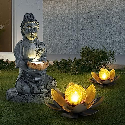 3er Set LED Solar Steh Leuchten Feng Shui Buddha Garten Deko Lampen Lotosblumen Crackle Glas