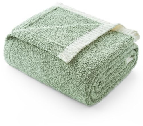 Snuggle Sac Ultra Soft Throw Blanket for Couch Bed Sofa 50x60 inches, Reversible Sage Green Blanket Microfiber Fluffy Fuzzy Cozy Knit Throws for Women Mothers Birthday Gifts