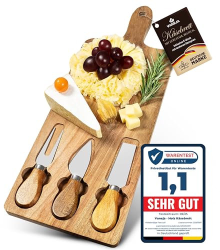 VANEJA Premium ostbräda, skärbräda av akaciaträ, 42 x 15,5 x 1,5 cm med 3 ostknivar – ostplatta av trä – inkl. gratis e-bok