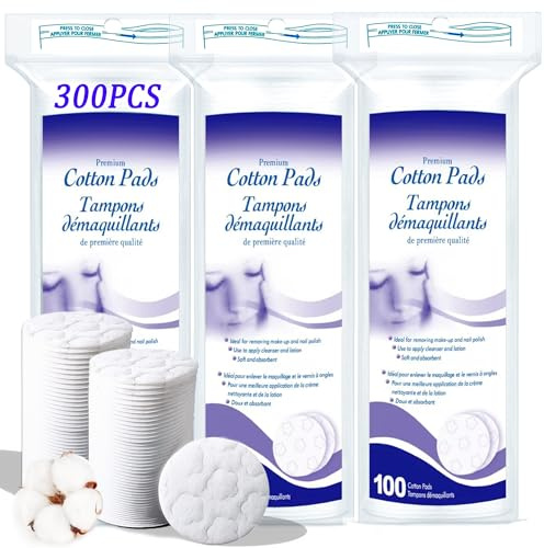 Premium Cotton Pads for Face, 300 Count Round Makeup Remover Pads, 100% Pure & Natural Organic Cotton Rounds, Lint-Free Facial Pads Cleansing Cotton (100 Count (Pack of 3))