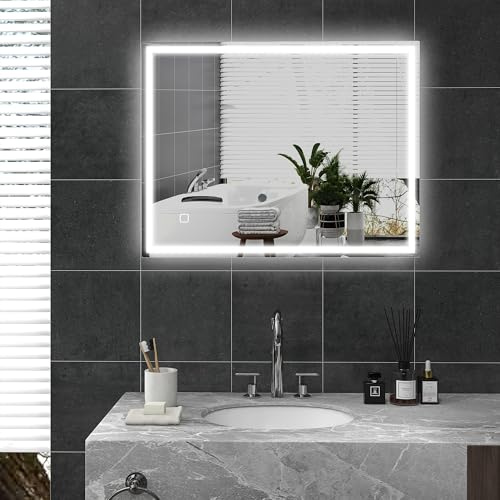 HOMCOM Badspiegel mit Beleuchtung 90x70 cm mit Memory-Funktion Silber | LED Spiegel, Wandspiegel, 3 Lichtfarben, Beschlagfrei, Lichtspiegel, mit Touchschalter