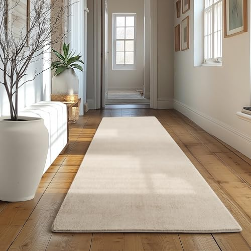 SIMPEX Läufer Teppich Creme 80x250 cm Waschbarer Kurzflor Teppich, rutschfest & weich, modernes einfarbiges Design für Schlafzimmer, Küche & Flur