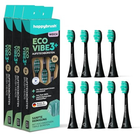 happybrush® Nachhaltige Aufsteckbürsten für elektrische Schall-Zahnbürste Eco VIBE 3 - Schwarz/Mint - weich - 3x3 Stück