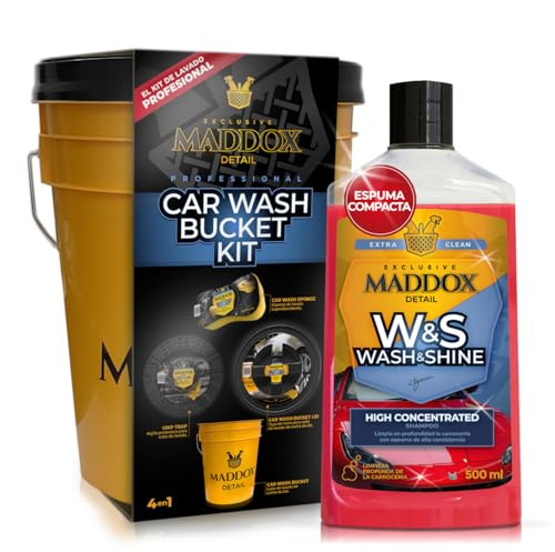 Maddox Detail - Kit Completo de Lavado para Coche | Incluye Champú Wash & Shine, Cubo con Tapa, Rejilla y Esponja | Espuma Activa y Brillo con Cera